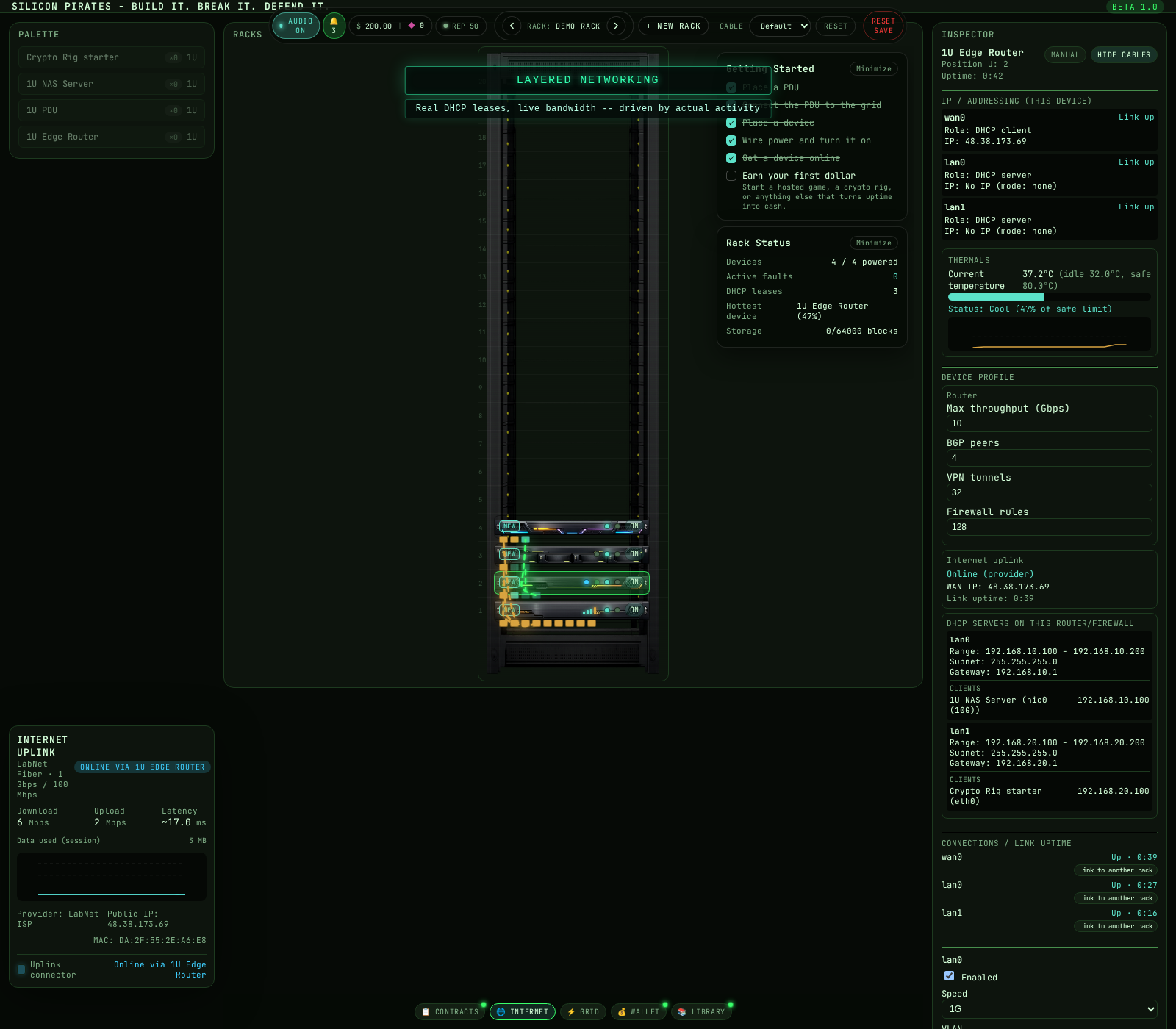Router inspector showing real DHCP leases and a live bandwidth graph