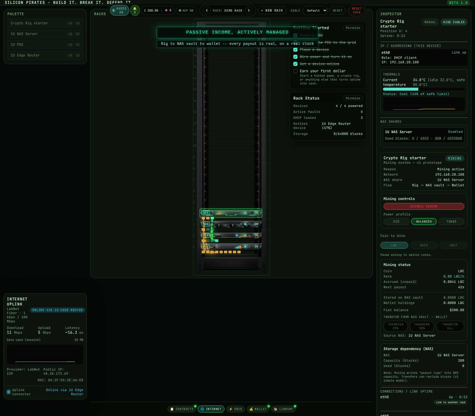 Crypto rig mining status flowing into a NAS vault and wallet
