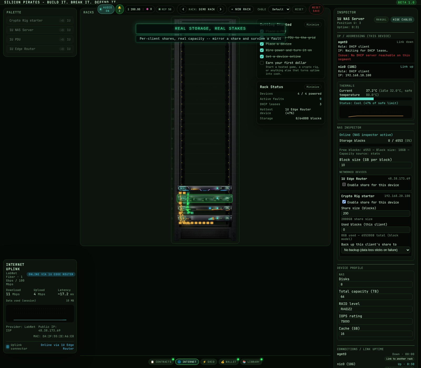 NAS inspector showing a real per-client share and disaster-recovery backup option