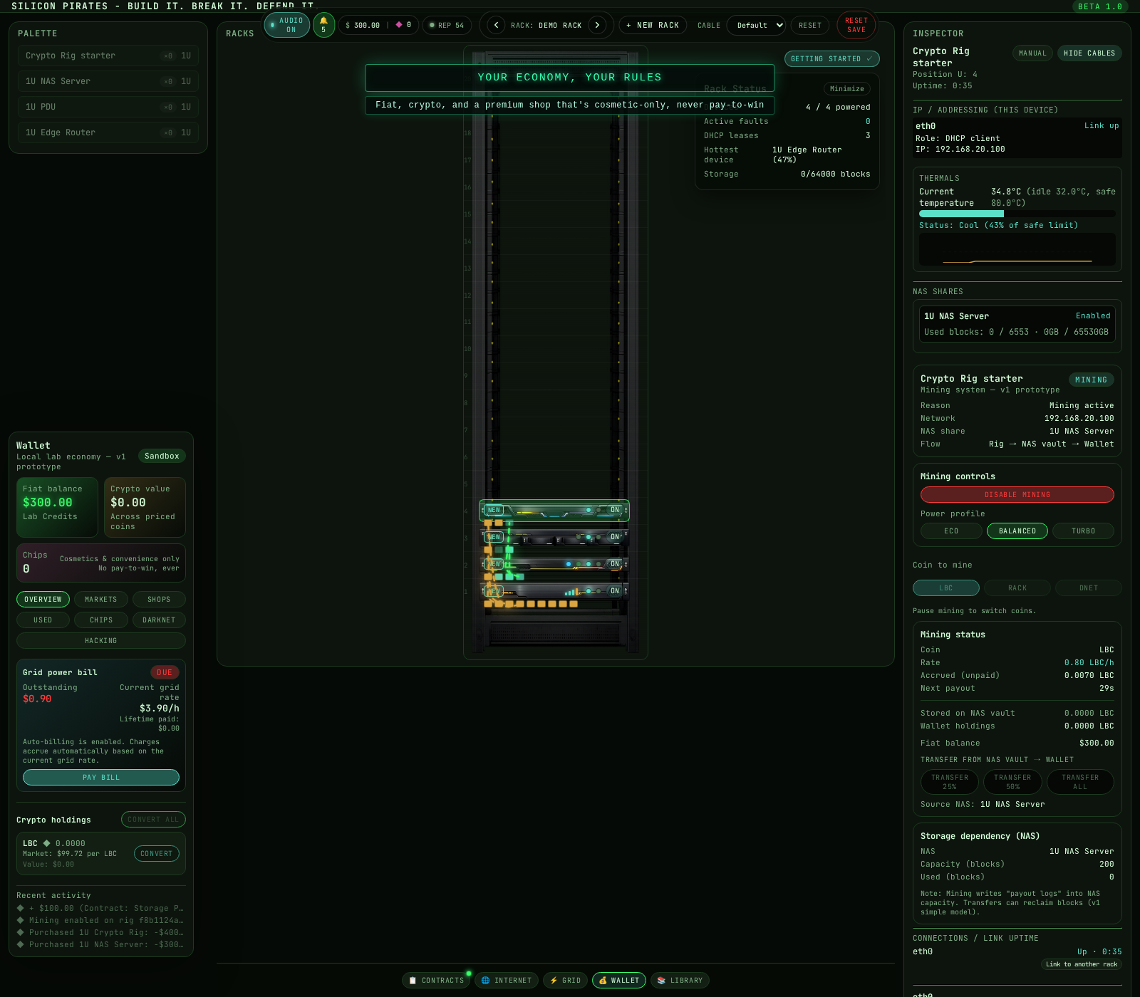 Wallet overview showing real utility billing and transaction history