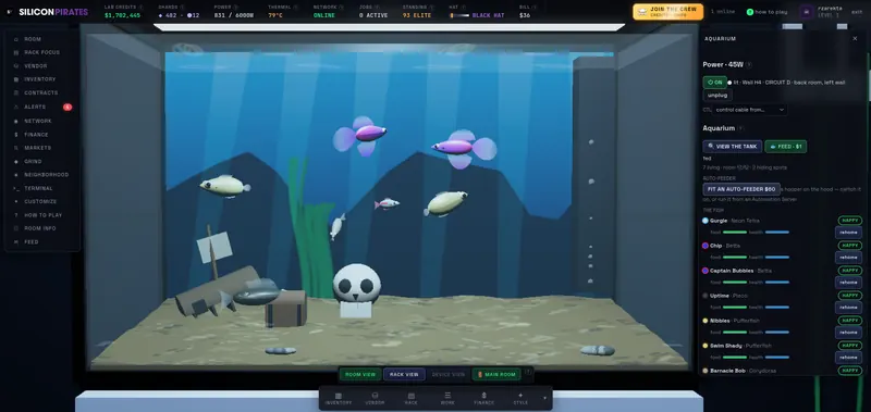 An aquarium with seven fish, a shipwreck, a treasure chest and a skull, with the fish list beside it