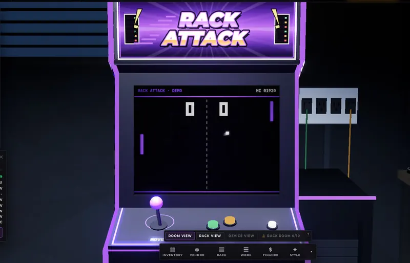 The Rack Attack arcade cabinet with a lit marquee and a game of Packet Ping on its screen