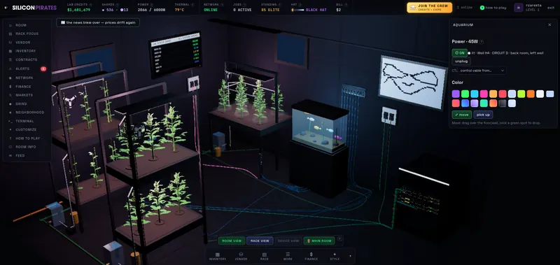 Silicon Pirates Beta 3: the back room with grow racks under lights, a grow table, an aquarium and a wall screen