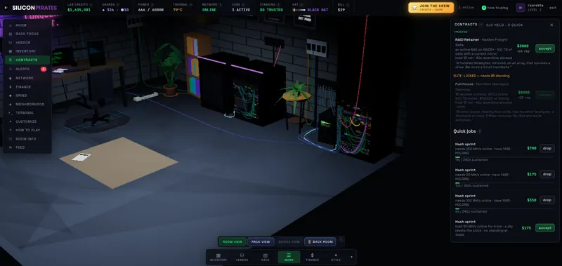 A furnished lab with the contracts panel open: a RAID retainer to accept and three hash sprints being held