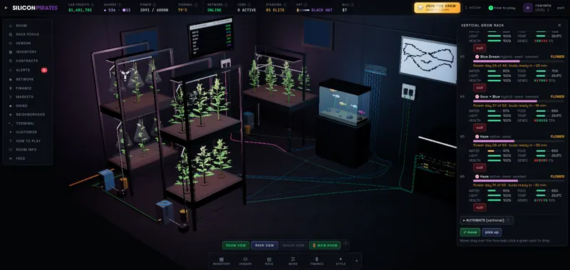 A vertical grow rack inspector listing plants in flower with water, food, light, health and days to harvest
