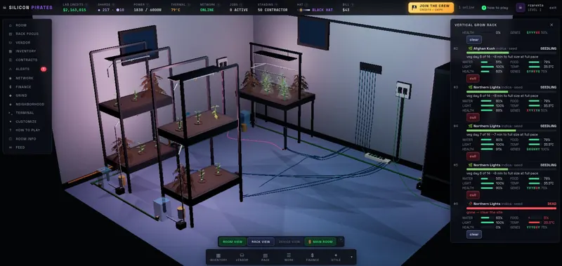 A vertical grow rack inspector listing six plant sites with water, food, light, temperature, health and genes