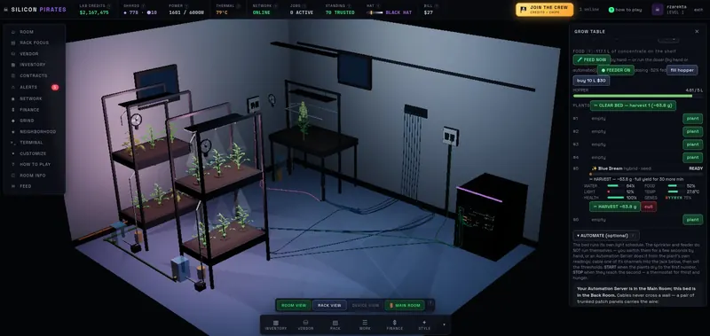 A grow table inspector: one Blue Dream plant ready to harvest and the feeder dosing