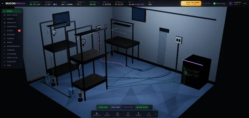 The lab with the lamps off, empty beds and a purple neon strip glowing on the rack